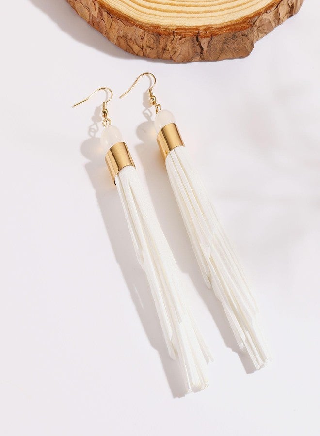 كويريز أقراط كويريس بوهيمية جلدية متعددة الطبقات بشرابات للنساء، أقراط متدلية خفيفة الوزن بشرابات جلدية، أقراط بوهيمية صيفية شاطئية غربية مصنوعة يدويًا للنساء (ER1306-أبيض) - Image 2